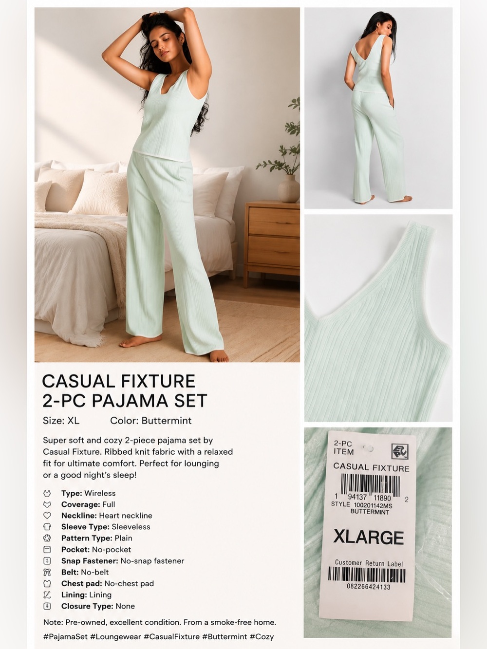 NWT State of Day Women’s Buttermint Ribbed Wide-Leg Pajama Set